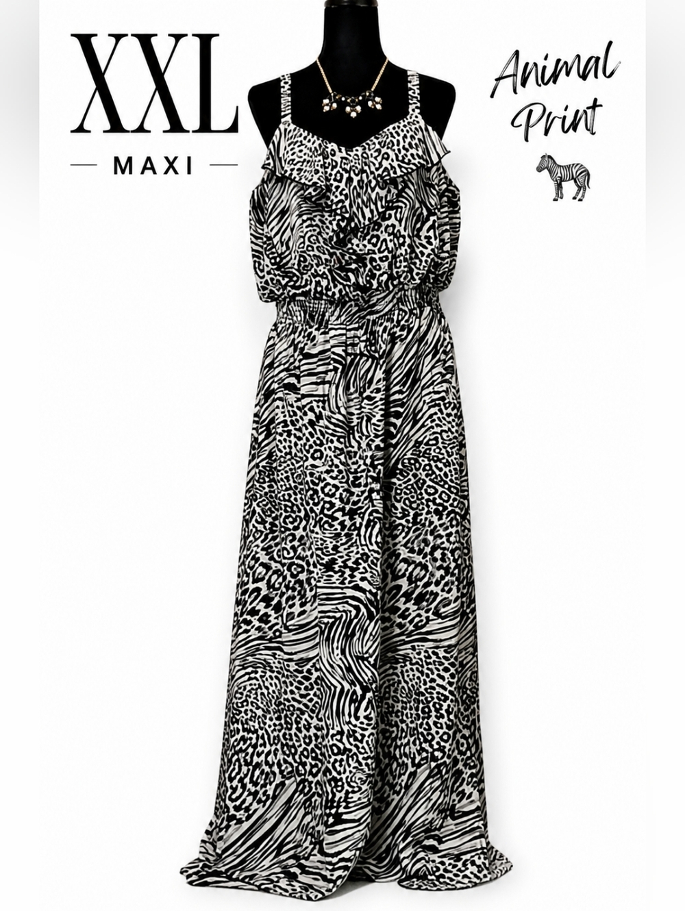 Faded Glory Animal Print Maxi Dress XXL Black White Zebra Flowy🦓